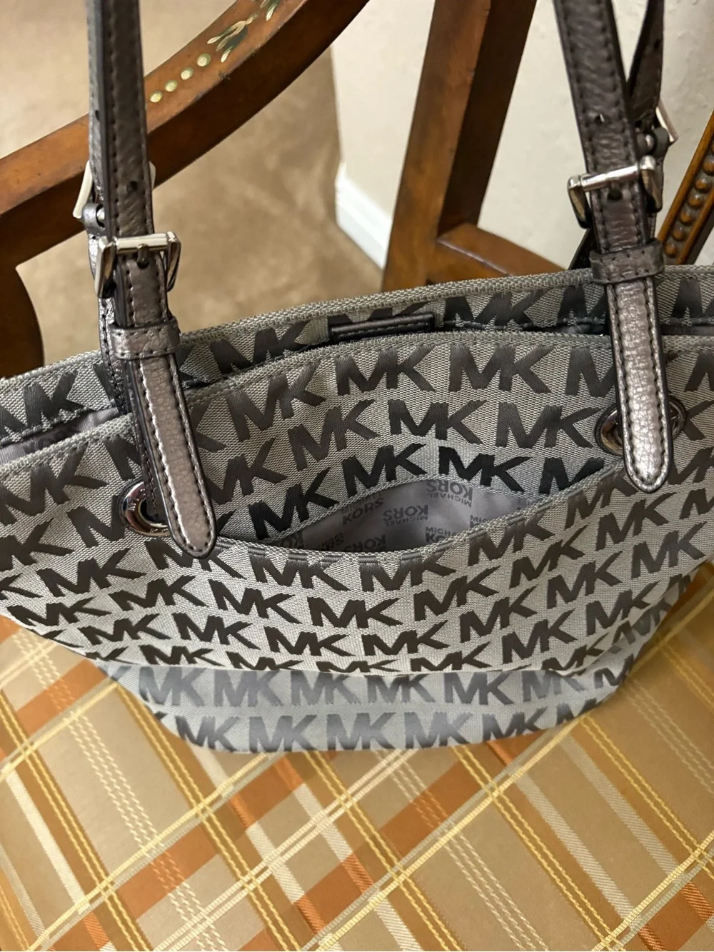 Michael Kors Gray MK Logo Tote Bag with Silver Straps